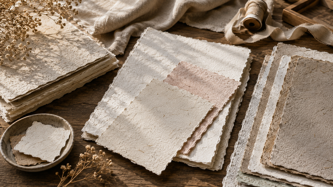 Berbagai pilihan handmade paper Askara Bumi Paper untuk wedding invitation, stationery, dan karya kreatif