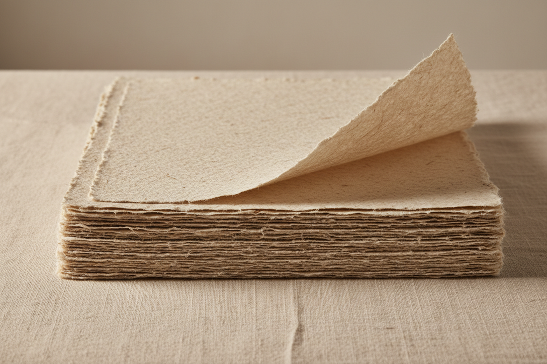 Tumpukan lembaran handmade paper dengan serat alami dan deckle edge yang terlihat jelas — Askara Bumi Paper