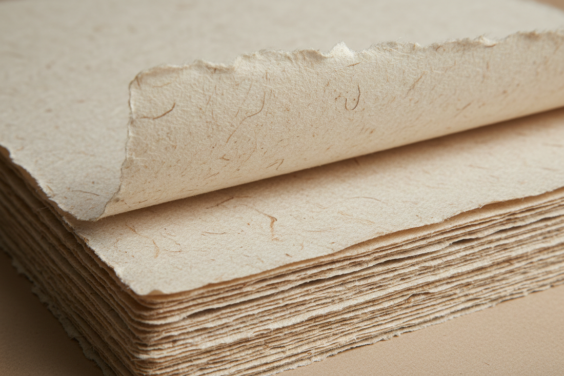 Close-up tekstur dan serat alami handmade paper yang disimpan rapi — Askara Bumi Paper